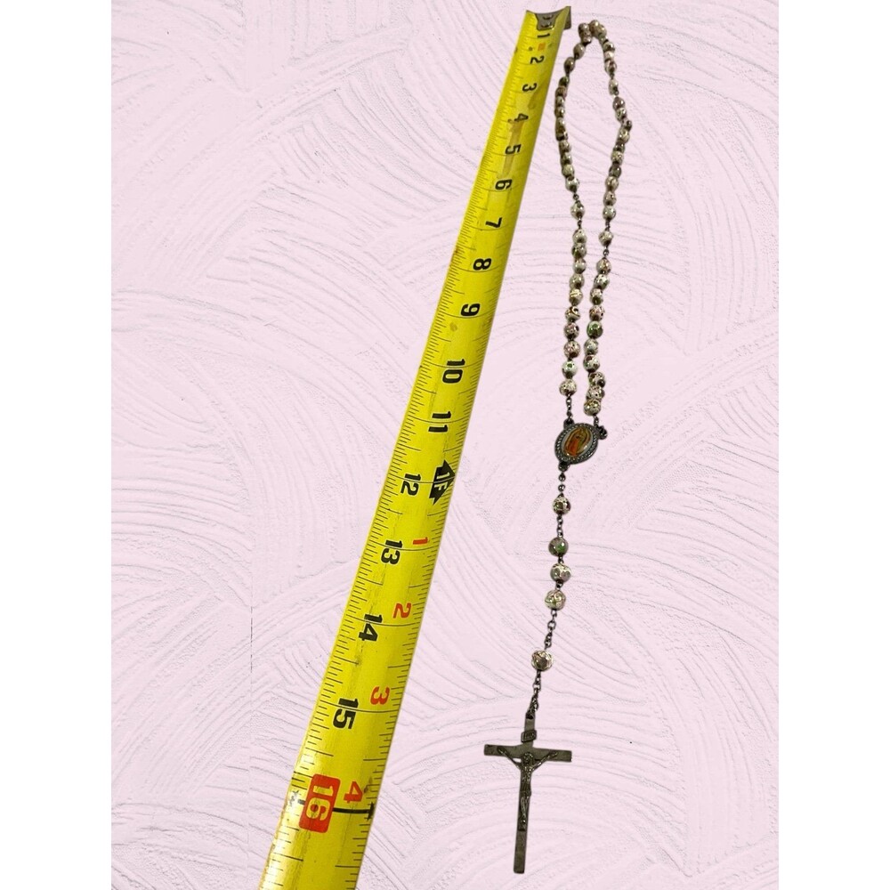 Vintage Catholic Rosary Featuring Floral-patterned Ceramic Beads Approx 16.5